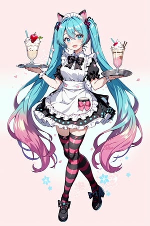 Hatsune Miku, Cherry Blossom Miku, full body, bowtie,  blue eyes, animal, striped thighhighs, animal ears, white background, black footwear, ice cream, holding tray, :d, multicolored hair, very long hair, parfait, holding, thighhighs, twintails, bow, puffy sleeves, shoes, waitress, food, black bow, bangs, standing on one leg, open mouth, gradient hair, pink dress, frilled apron, hair bow, white apron, looking at viewer, smile, aqua hair, standing, dress, striped, solo, short sleeves, frills, tray, long hair, hair between eyes, 1girl, simple background, aqua eyes, apron, puffy short sleeves