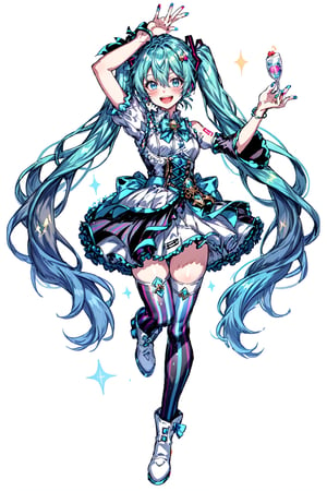 Hatsune Miku, puffy short sleeves, blue eyes, white background, arm up, :d, very long hair, thighhighs, white footwear, twintails, bow, jewelry, skirt, sparkle, puffy sleeves, white thighhighs, detached sleeves, blush, bangs, standing on one leg, hair ornament, open mouth, upper teeth only, over-kneehighs, looking at viewer, smile, standing, dress, striped, solo, short sleeves, high heels, long hair, boots, hair between eyes, 1girl, simple background, earrings, nail polish, blue hair