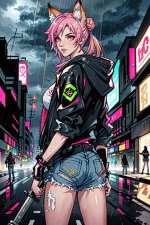 1girl, large breasts, fox ears, animal ears, twin tails, hair buns, cyberpunk, cyber helmet, oversized clothes, oversized jacket, (((night))), neon light, holding weapon, cowboy shot, (((road))), urban, city, denim shorts, denim jacket, pink hair, mouth mask, standing, industrial pipe, outdoors, (((facing back))), shirt tucked in, modern samurai, (((rain))), ((dark sky)), (((front shot))), reflection, (hooded jacket), red eyes, (((eyes light up))), ((detailed eyes)), (((people))),(((realistic, textured skin, specular highlights))), sexy, rim lighting, neon lighting,