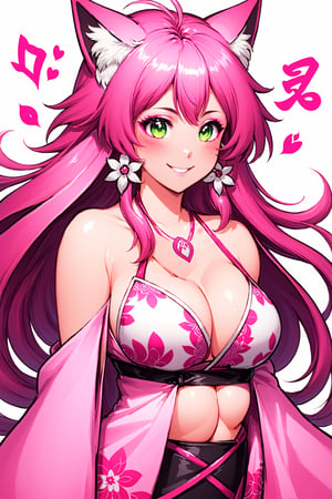 ahri, 1girl, absurdres, ahri_(league_of_legends), (zentangle, mandala, tangle, entangle:0.6), ((shiny skin, voluptuous, sexy, skindentation, ultra detailed, ultra sharp, extreme light and shadow, masterpiece)), pink_hair, animal_ear_fluff, animal_ears, bangs, bare_shoulders, bell, breasts, cleavage, facial_mark, fox_ears, fox_girl, green_kimono, hair_bell, hair_ornament, highres, japanese_clothes, kimono, large_breasts, league_of_legends, long_hair, looking_at_viewer, petals, ribbon, signature, smile, solo, spiritblossom(league_of_legends), spirit_blossom_ahri, wang_bu_chou, whisker_markings,