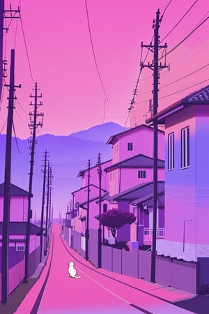 outdoors, no humans, cat, building, scenery, railing, house, power lines, utility pole, white cat, purple sky, pink sky
