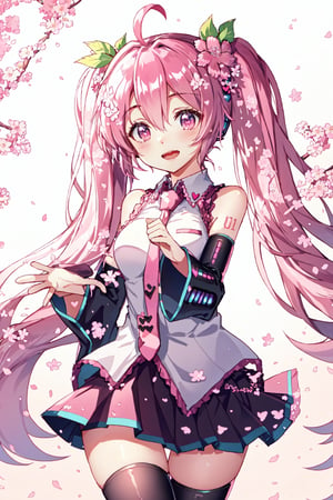 Hatsune Miku, Cherry Blossom Miku, ahoge, detached sleeves, hair flower, very long hair, solo, hair ornament, open mouth, thighhighs, twintails, long hair, heart, necktie, skirt, pink eyes, 1girl, flower