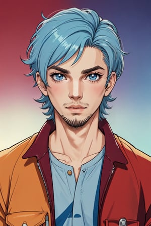  solo, 1boy, male focus, blue eyes, light blue hair, stubble, goatee, maroon background, tan skin, looking at viewer, lips, shirt, jacket, hyur, specular highlights, gradient