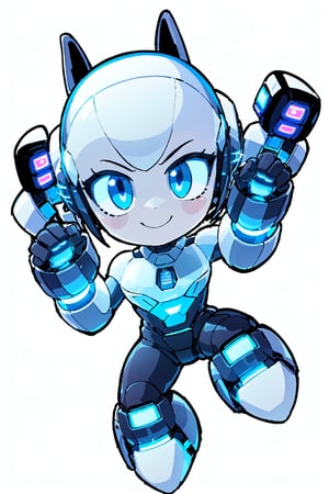 chibi, centered, full body, digital art, | dark blue hair, dark blue eyes, cute, cute female, cute robot, female cute robot, robot, mascot, confident smile, action pose, chibi, metal, white and blue futuristic armor, neon lights, | (white background:1.2), simple background, | (symetrical),chibi style,cls_chibi,Niji Emote,QRobot,colorfulmix
