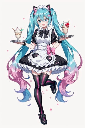 Hatsune Miku, Cherry Blossom Miku, full body, bowtie,  blue eyes, animal, striped thighhighs, animal ears, white background, black footwear, ice cream, holding tray, :d, multicolored hair, very long hair, parfait, holding, thighhighs, twintails, bow, puffy sleeves, shoes, waitress, food, black bow, bangs, standing on one leg, open mouth, gradient hair, pink dress, frilled apron, hair bow, white apron, looking at viewer, smile, aqua hair, standing, dress, striped, solo, short sleeves, frills, tray, long hair, hair between eyes, 1girl, simple background, aqua eyes, apron, puffy short sleeves