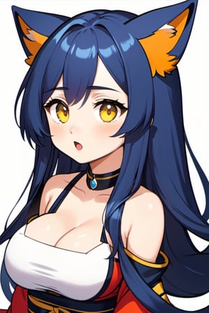 Niji_Emote, chibi, emoji twitch emote, stickers,  1girl, solo, long hair, large breasts, black hair, animal ears, cleavage, bare shoulders, medium breasts, blue hair, collarbone, tail, yellow eyes, upper body, parted lips, detached sleeves, lips, looking to the side, fox ears, fox tail, facial mark, looking away, slit pupils, multiple tails, red background, whisker markings, korean clothes, 
