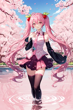 Hatsune Miku, Cherry Blossom Miku, pink hair, detached sleeves, wading, hair flower, very long hair, solo, hair ornament, water, thighhighs, petals, twintails, long hair, necktie, skirt, cherry blossoms, 1girl, pink eyes, flower