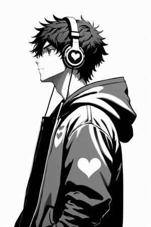 solo, simple background, 1boy, white background, jacket, monochrome, upper body, greyscale, male focus, heart, hand up, hood, from side, hoodie, profile, headphones, hood up
