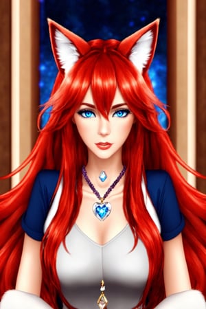 Enigma_Kitsune, 1girl, solo, long hair, looking at viewer, blue eyes, animal ears, jewelry, red hair, cat ears, necklace, blurry, lips, blurry background, freckles, red lips