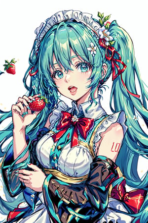 Hatsune Miku, hair ribbon, bowtie, holding food, bare shoulders, fruit, red bowtie, frilled hairband, white background, very long hair, maid headdress, holding, :o, twintails, bow, frilled sleeves, puffy sleeves, food, strawberry, detached sleeves, bangs, hair flower, hair ornament, open mouth, red bow, white sleeves, looking at viewer, flower, red ribbon, aqua hair, upper body, dress, solo, frills, long hair, sleeveless, white flower, white dress, holding fruit, 1girl, simple background, aqua eyes, ribbon