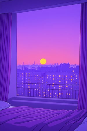 solo, sky, cloud, indoors, pillow, no humans, window, bed, moon, curtains, building, scenery, sunset, city, sun, cityscape, bedroom, purple sky
