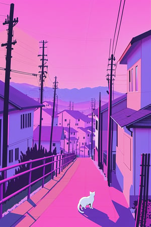 outdoors, no humans, cat, building, scenery, railing, house, power lines, utility pole, white cat, purple sky, pink sky
