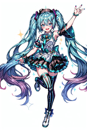 Hatsune Miku, puffy short sleeves, blue eyes, white background, arm up, :d, very long hair, thighhighs, white footwear, twintails, bow, jewelry, skirt, sparkle, puffy sleeves, white thighhighs, detached sleeves, blush, bangs, standing on one leg, hair ornament, open mouth, upper teeth only, over-kneehighs, looking at viewer, smile, standing, dress, striped, solo, short sleeves, high heels, long hair, boots, hair between eyes, 1girl, simple background, earrings, nail polish, blue hair