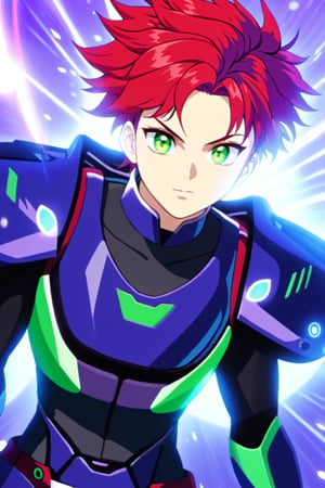 (masterpiece,official art, best illustration, extreme light and shadow), 1boy, solo, transgender male, flat chest, red hair, green hair, style of Genshin impact, hoyoverse, purple eyes, two tone hair, depth of field, standing in a spaceship, (cyberpunk:1.2), (lens flare, light leak, prismastic), close up, (sci-fi:1.5), shiny skin, cg, (sidelighting), (rim lighting) 