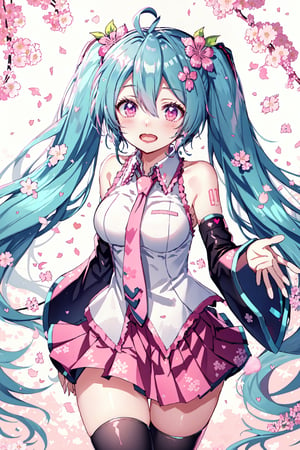 Hatsune Miku, Cherry Blossom Miku, ahoge, detached sleeves, hair flower, very long hair, solo, hair ornament, open mouth, thighhighs, twintails, long hair, heart, necktie, skirt, pink eyes, 1girl, flower