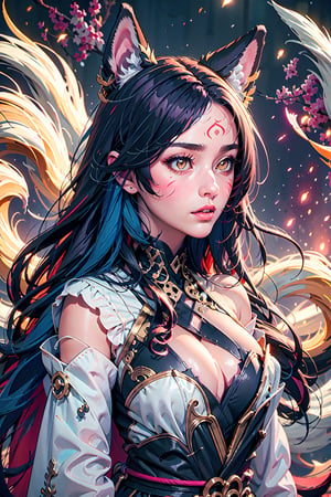 Enigma_Kitsune,1girl, solo, long hair, large breasts, black hair, animal ears, cleavage, bare shoulders, medium breasts, blue hair, collarbone, tail, yellow eyes, upper body, parted lips, detached sleeves, lips, looking to the side, fox ears, fox tail, facial mark, looking away, slit pupils, multiple tails, red background, whisker markings, korean clothes, 