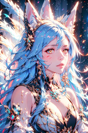Enigma_Kitsune,1girl, solo, long hair, large breasts, black hair, animal ears, cleavage, bare shoulders, medium breasts, blue hair, collarbone, tail, yellow eyes, upper body, parted lips, detached sleeves, lips, looking to the side, fox ears, fox tail, facial mark, looking away, slit pupils, multiple tails, red background, whisker markings, korean clothes, 