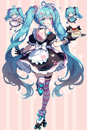 Hatsune Miku, Cherry Blossom Miku, hair ribbon, full body, heart hair ornament, chibi, frilled dress, puffy short sleeves, holding plate, 4girls, blue eyes, wrist cuffs, blonde hair, cake, holding tray, skates, pink footwear, multicolored hair, very long hair, multiple boys, 2boys, holding, fork, twintails, bow, heart, white gloves, back bow, waist apron, string of flags, puffy sleeves, shoes, cupcake, food, dot nose, holding wand, ahoge, multiple girls, clothing cutout, standing on one leg, hair ornament, pink ribbon, roller skates, frilled apron, minigirl, pink bow, hair bow, white apron, solo focus, thigh strap, looking at viewer, smile, aqua hair, standing, collared dress, dress, striped, short sleeves, striped background, frills, hairclip, plate, tattoo, tray, long hair, brown hair, blue dress, shoulder tattoo, gloves, miniboy, aqua eyes, apron, ribbon, blue hair