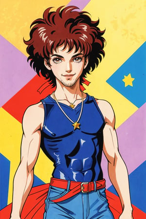 (masterpiece,extreme light and shadow, vivid colors), (shine, bloom), (ultra detailed), solo, 1boy, male focus, smile, red hair, brown eyes, upper body, afro,facial hair, stubble, looking at viewer, blue leotard, leotard, blue pants, pants, star /(symbol/), ribbon, parted lips, flat color, jewelry,shirt, red ribbon, necklace, sleeveless,(wide shot),perfect anatomy , vivid colors, (1980s rock star, 1980s aesthetic),(close up)