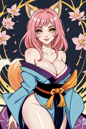 ahri, 1girl, absurdres, ahri_(league_of_legends), (zentangle, mandala, tangle, entangle:0.6), ((shiny skin, voluptuous, sexy, skindentation, ultra detailed, ultra sharp, extreme light and shadow, masterpiece)), pink_hair, animal_ear_fluff, animal_ears, bangs, bare_shoulders, bell, breasts, cleavage, facial_mark, fox_ears, fox_girl, green_kimono, hair_bell, hair_ornament, highres, japanese_clothes, kimono, large_breasts, league_of_legends, long_hair, looking_at_viewer, petals, ribbon, signature, smile, solo, spiritblossom(league_of_legends), spirit_blossom_ahri, wang_bu_chou, whisker_markings