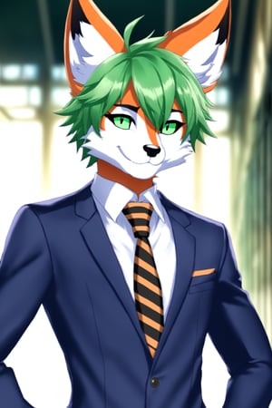 Enigma_Kitsune,1boy, male focus, solo, facial hair, necktie, smile, beard, grin, green hair, heterochromia, formal, looking at viewer, prison clothes, striped suit, suit, fox ears, anthro, animal ears, animal ear fluff