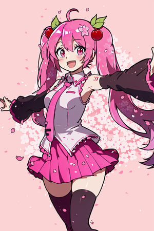 Hatsune Miku, Cherry Blossom Miku, outstretched arms, cherry hair ornament, pink background, pink sleeves, zettai ryouiki, miniskirt, very long hair, floating hair, pink thighhighs, thighhighs, twintails, pink skirt, skirt, shirt, cherry blossoms, ahoge, detached sleeves, hair ornament, open mouth, necktie, looking at viewer, flower, smile, pink eyes, standing, pink necktie, solo, pink theme, frills, pleated skirt, petals, long hair, sleeveless, sleeveless shirt, food-themed hair ornament, white shirt, 1girl, :d
