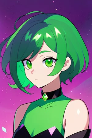 Steven Universe Style, 1girl, solo, short hair, closed mouth, green eyes, green hair, choker, pointy ears, artist name, colored skin, gem, portrait, purple background, green skin
