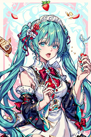 Hatsune Miku, tarot card style, hair ribbon, bowtie, holding food, bare shoulders, fruit, red bowtie, frilled hairband, very long hair, maid headdress, holding, :o, twintails, bow, frilled sleeves, puffy sleeves, food, strawberry, detached sleeves, bangs, hair flower, hair ornament, open mouth, red bow, white sleeves, looking at viewer, flower, red ribbon, aqua hair, upper body, dress, solo, frills, long hair, sleeveless, white flower, white dress, holding fruit, 1girl,  aqua eyes, ribbon, in the style of Alphonse Mucha, Art Nouveau