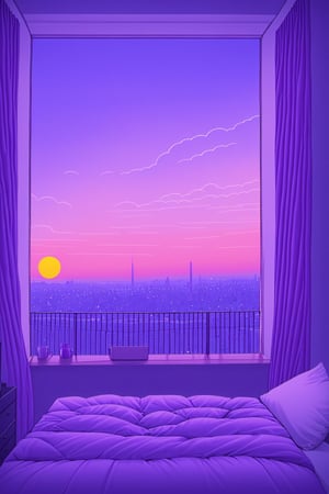 solo, sky, cloud, indoors, pillow, no humans, window, bed, moon, curtains, building, scenery, sunset, city, sun, cityscape, bedroom, purple sky
