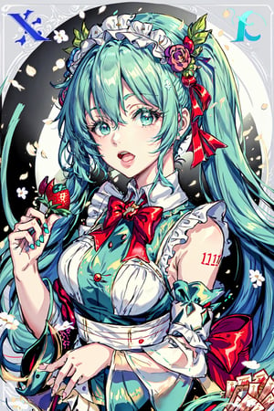 Hatsune Miku, tarot card style, hair ribbon, bowtie, holding food, bare shoulders, fruit, red bowtie, frilled hairband, very long hair, maid headdress, holding, :o, twintails, bow, frilled sleeves, puffy sleeves, food, strawberry, detached sleeves, bangs, hair flower, hair ornament, open mouth, red bow, white sleeves, looking at viewer, flower, red ribbon, aqua hair, upper body, dress, solo, frills, long hair, sleeveless, white flower, white dress, holding fruit, 1girl,  aqua eyes, ribbon, in the style of Alphonse Mucha, Art Nouveau
