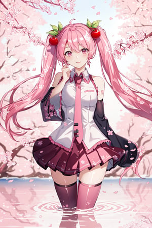 Hatsune Miku, Cherry Blossom Miku, detached sleeves, wading, hair flower, very long hair, solo, hair ornament, water, thighhighs, petals, twintails, long hair, necktie, skirt, cherry blossoms, 1girl, pink eyes, flower
