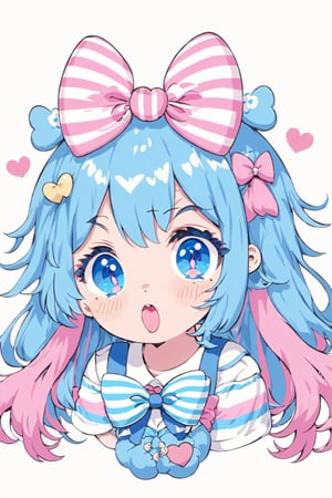 1girl, solo, looking at viewer, blush, open mouth, bangs, blue eyes, simple background, white background, bow, blue hair, upper body, pink hair, hair bow, heart, multicolored hair, striped, :o, blue bow, stuffed toy, thick eyebrows, stuffed animal, stuffed bunny, ear bow, bow-shaped hair, updo, sangonomiya kokomi
