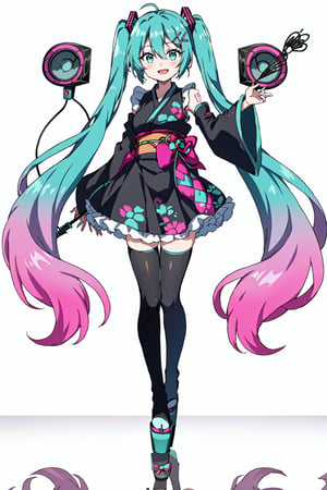 Hatsune Miku, full body, asymmetrical sleeves, halterneck, frilled skirt, long sleeves, pink sleeves, white background, platform footwear, multicolored hair, very long hair, hand fan, holding, thighhighs, wide sleeves, twintails, bow, sleeves past wrists, reflection, skirt, kimono, holding fan, detached sleeves, speaker, bangs, folding fan, uneven legwear, hair ornament, criss-cross halter, open mouth, black thighhighs, gradient hair, japanese clothes, pink bow, drum, white sleeves, looking at viewer, black skirt, smile, aqua hair, standing, yukata, aqua bow, single thighhigh, solo, frills, hairclip, long hair, zouri, 1girl, simple background, aqua eyes, asymmetrical legwear