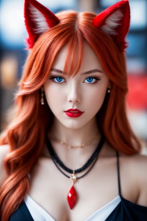 Enigma_Kitsune, 1girl, solo, long hair, looking at viewer, blue eyes, animal ears, jewelry, red hair, cat ears, necklace, blurry, lips, blurry background, freckles, red lips