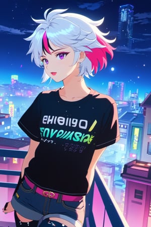 (highres:1.1), best quality, (masterpiece:1.3), beautiful lighting, intricate, (high detail:1.2), 1boy, solo, transgender male, two tone hair, multicolored hair, white hair, pink hair, red hair, green hair, purple eyes, long hair, wearing a black and pink anime tshirt, denim jeans, makeup, wristband, lipstick, jewelry, depth of field, science fiction, cyberpunk, balcony, cityscape, beautiful night sky, (summer:1.2), wind swept hair, (specular highlights : beautiful lighting : volumetric lighting:1.05), fxaa, ((Genshin Impact)), kawaii, anime, shiny skin, 