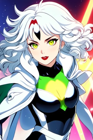 masterpiece, best quality, 1girl, red lips, solo, green eyes, green and yellow body suit, curly hair, multicolored hair, white hair, auburn hair, two-tone hair, ombre, Rogue of the X-men, Anna Lebeau, bangs, hood, side lighting, skiny skin, superhero, best illustration, ((Genshin Impact)), kawaii, anime, shiny skin, 