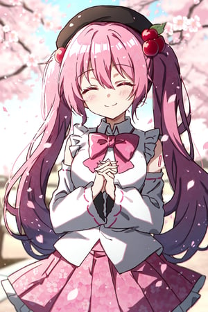 Hatsune Miku, Cherry Blossom Miku, bowtie, pink hair, own hands together, blurry background, cherry hair ornament, long sleeves, black headwear, closed eyes, very long hair, closed mouth, twintails, bow, sleeves past wrists, pink skirt, skirt, shirt, hat, cherry blossoms, bangs, hair ornament, depth of field, pink bow, signature, blurry, smile, cowboy shot, solo, pink theme, frills, pleated skirt, petals, long hair, branch, hair between eyes, white shirt, beret, food-themed hair ornament, 1girl, pink bowtie