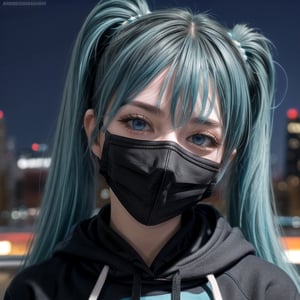 centered, masterpiece, award winning face photography, (frontal view, looking at front, facing viewer:1.2), | 1girl, solo, aqua hair color, twintails hairstyle, light blue eyes, | (black mouth mask:1.2), dark blue hoodie, | city lights, sunset, buildings, urban scenery, | bokeh, depth of field, | hyperealistic, analog,realism,anzhcmiku