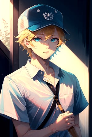 masterpiece, best quality, 1boy, male focus, aqua eyes, baseball cap, blonde hair, closed mouth, hat, looking at viewer, shirt, short hair, solo, upper body , A fairytale land where magical creatures live and thrive