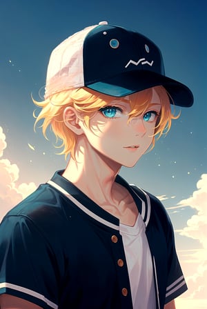 masterpiece, best quality, 1boy, male focus, aqua eyes, baseball cap, blonde hair, closed mouth, hat, looking at viewer, shirt, short hair, solo, upper body , A magical kingdom where everything is perfect and everyone is happy
