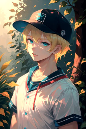 masterpiece, best quality, 1boy, male focus, aqua eyes, baseball cap, blonde hair, closed mouth, hat, looking at viewer, shirt, short hair, solo, upper body , A fairytale land where magical creatures live and thrive