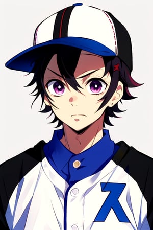 masterpiece, best quality, 1boy, male focus, baseball cap, closed mouth, hat, looking at viewer, shirt, short hair, solo, upper body ,mika pikazo, kamado_tanjirou