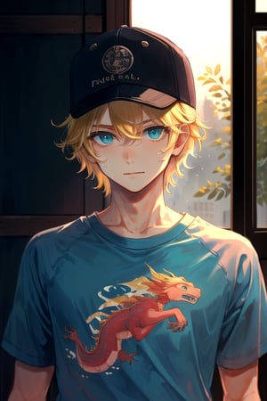 masterpiece, best quality, 1boy, male focus, aqua eyes, baseball cap, blonde hair, closed mouth, hat, looking at viewer, shirt, short hair, solo, upper body ,The Isle of the Dragon