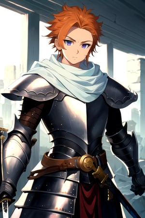 masterpiece, best quality, ultra-detailed, illustration, 1boy, solo, male focus, looking at viewer, depth of field, arthur_pendragon, , armor, sword