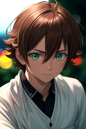 masterpiece, best quality, neon light, 8K, RAW, best quality, ultra high res, colorful, (medium wide shot), (dynamic perspective), sharp focus, (depth of field, bokeh:1.3), 1boy, solo, male focus, looking at viewer, upper body, depth of field, tatsumi, brown hair, green eyes