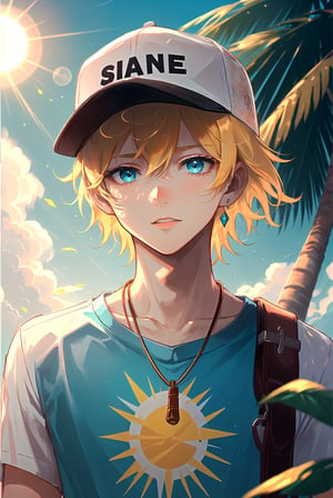 masterpiece, best quality, 1boy, male focus, aqua eyes, baseball cap, blonde hair, closed mouth, hat, jewelry, looking at viewer, shirt, short hair, solo, upper body ,  A tropical paradise where the sun shines brightly every day,*see the examples*