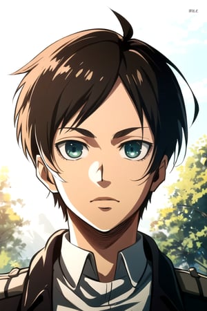 masterpiece, best quality, high quality, 1boy, solo, male focus, looking at viewer, eren_yeager, brown hair, green eyes, paradis military uniform