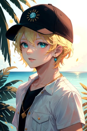masterpiece, best quality, 1boy, aqua eyes, baseball cap, blonde hair, closed mouth, green background, hat, jewelry, looking at viewer, shirt, short hair, solo, upper body ,  A tropical paradise where the sun shines brightly every day,*see the examples*