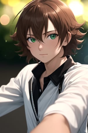 masterpiece, best quality, neon light, 8K, RAW, best quality, ultra high res, colorful, (medium wide shot), (dynamic perspective), sharp focus, (depth of field, bokeh:1.3), standing, 1boy, solo, male focus, looking at viewer, upper body, depth of field, tatsumi, brown hair, green eyes
