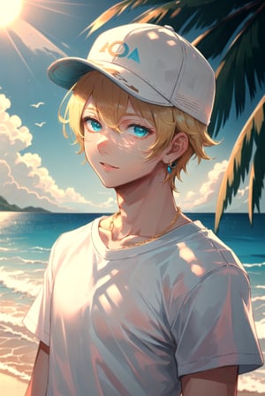 masterpiece, best quality, 1boy, male focus, aqua eyes, baseball cap, blonde hair, closed mouth, hat, jewelry, looking at viewer, shirt, short hair, solo, upper body ,  A tropical paradise where the sun shines brightly every day